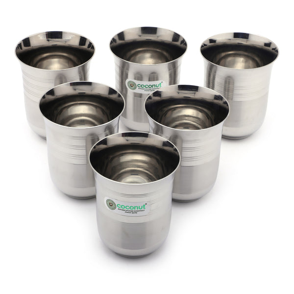 Coconut A7 Stainless Steel Water Glass 250ml | Steel Drinking Glass Set | Water Tumbler | Juice Glass | Milk Glass | Food Grade BPA Free | Matte Finish | Rust Resistant | Heavy Gauge Beverage Serving Tumbler | Available in Set of 3 & set of 6.