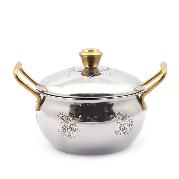 Coconut Alice Stainless Steel Handi Gift Set with Lid (Pack of 2) | Premium Mirror Finish with Gold-Finish Handles & Knob | Food-Grade, Durable & Elegant | Ideal for Serving & Gifting.