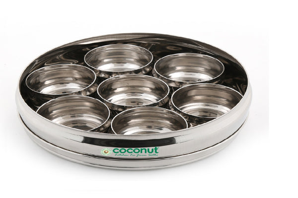 Coconut Stainless Steel Round Masala Box Glass Lid & 7 Bowls, Round Shape, Mirror Finish, Heavy Gauge, Spice Container / Masala Dhani / Masala dabba / Chamak, Model - MB17 Anjali Masala Box