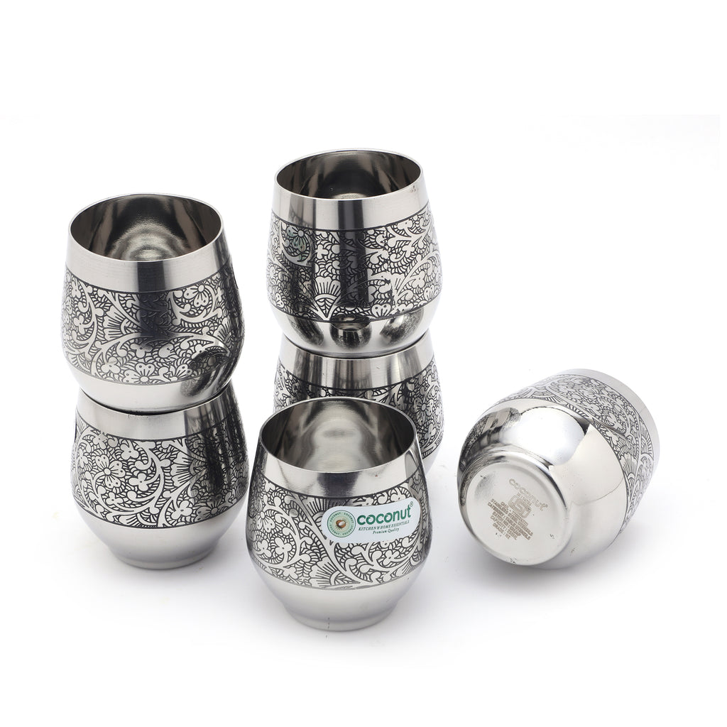 COCONUT Stainless Steel Antique Glass| ISI Certified & BIS Approved | Premium Laser-Etched Floral Design Steel Tumbler for Drinking Water