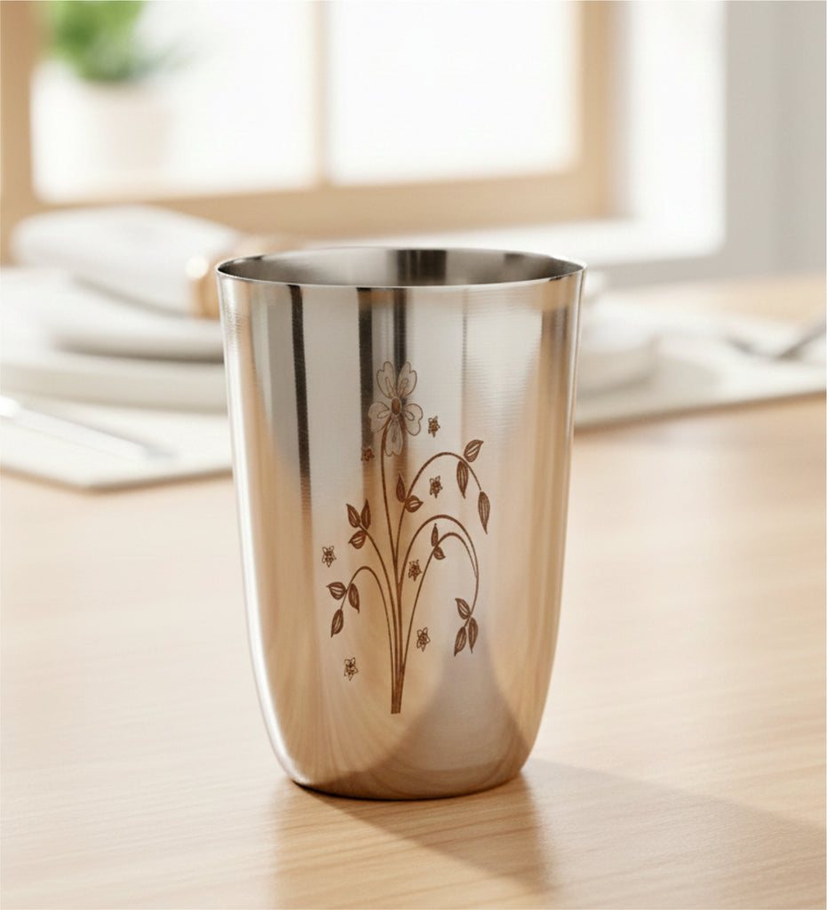 Coconut B24 Laser Design Stainless Steel Glass, 300 ml, Decorative Floral Laser Engraved Drinking Tumbler, Food Grade Steel Water Glass for Juice, Milk, Lassi & Buttermilk, Rust Proof.