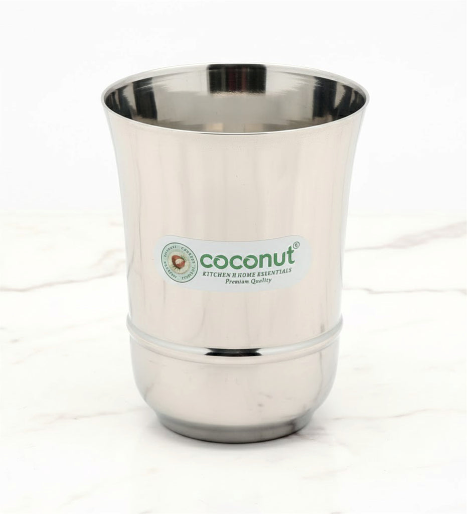 Coconut B2 Stainless Steel Water Glass, 300 ml, Mirror Finish Drinking Tumbler, Food Grade Steel Glass for Water, Juice, Milk, Lassi & Buttermilk, Rust Resistant, Durable Daily Use Glass.