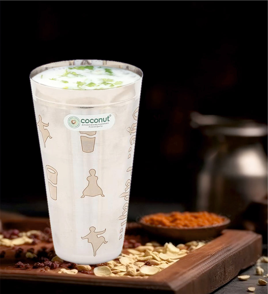 Coconut B40 Mosaic Stainless Steel Lassi Glass Set of 2, 650 ml Each, Matte Finish Designer Tumbler, Food Grade Steel Drinking Glass for Lassi, Buttermilk, Juice, Water, Milk & Daily Use.