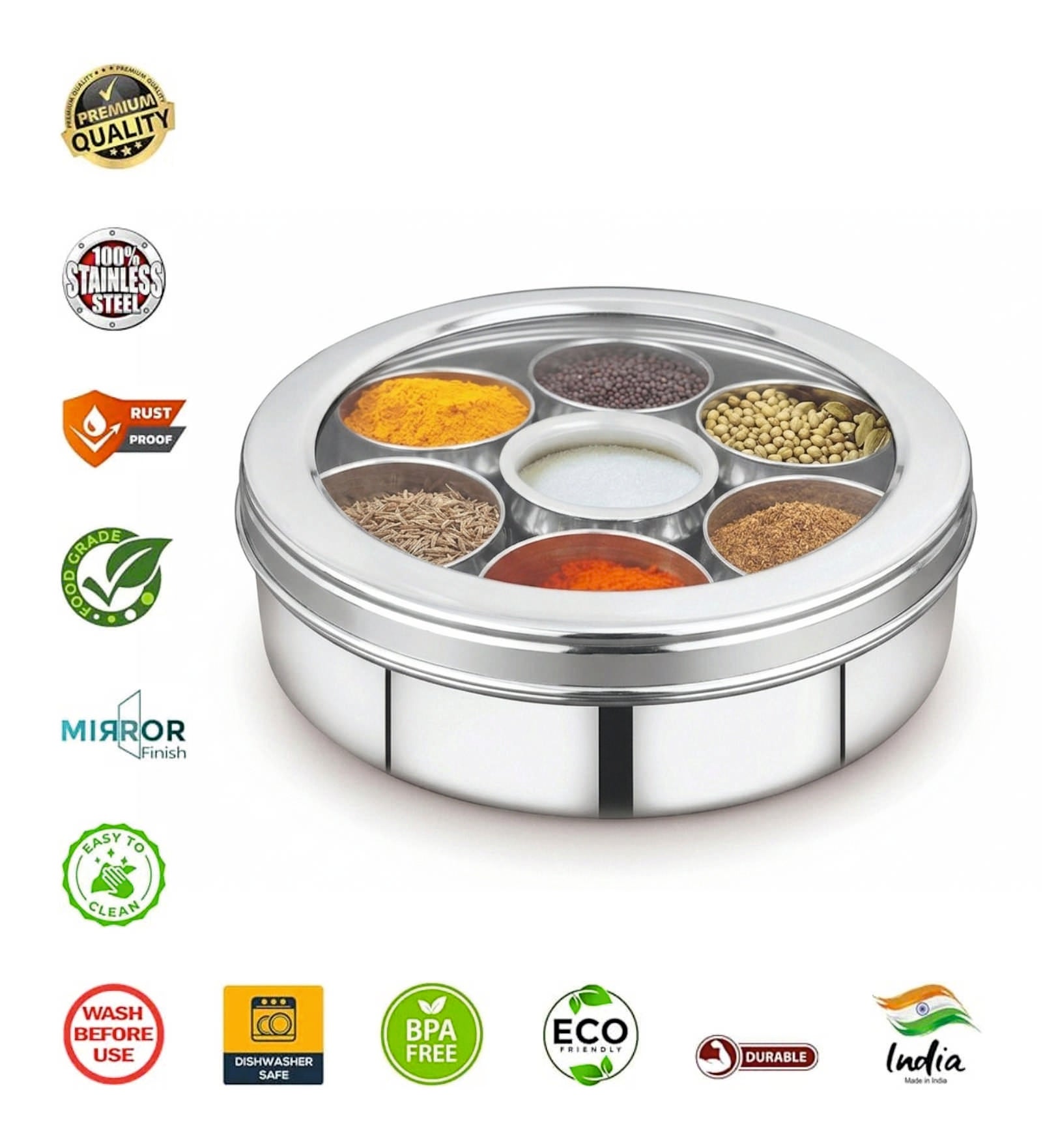 Coconut Stainless Steel MB2 Masala Box with 7 Containers & Transparent ...