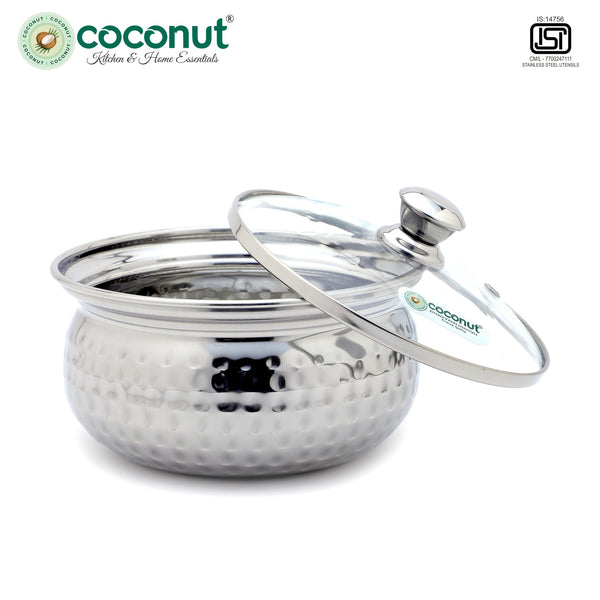 Coconut Beta Stainless Steel Hammered Serving Bowl with Glass Lid | 1000 ml | Food Grade Stainless Steel | Mirror Finish | Rust Proof | Dishwasher Safe | Multipurpose Serving Bowl for Curry, Dal & Vegetables.