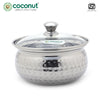 Coconut Beta Stainless Steel Hammered Serving Bowl with Glass Lid | 1000 ml | Food Grade Stainless Steel | Mirror Finish | Rust Proof | Dishwasher Safe | Multipurpose Serving Bowl for Curry, Dal & Vegetables.