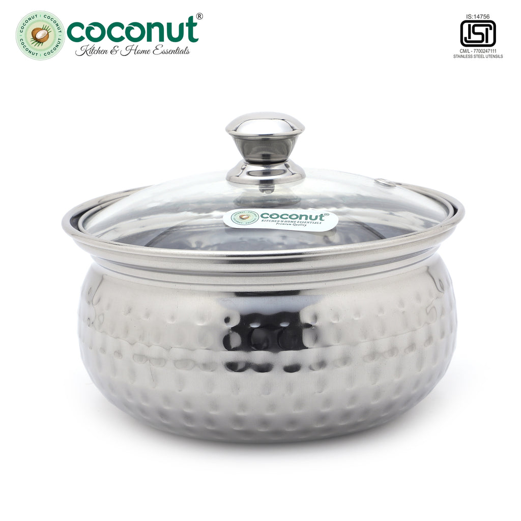 Coconut Beta Stainless Steel Hammered Serving Bowl with Glass Lid | 1000 ml | Food Grade Stainless Steel | Mirror Finish | Rust Proof | Dishwasher Safe | Multipurpose Serving Bowl for Curry, Dal & Vegetables.