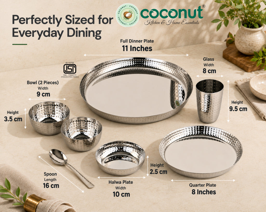 Coconut Bindi Stainless Steel Dinner | Premium Food Grade Stainless Steel | Hammered Bindi Design | Mirror Finish | Dishwasher Safe | Rust Proof | Ideal for Daily Use & Gifting.