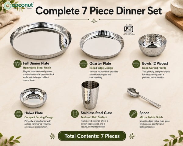 Coconut Bindi Stainless Steel Dinner | Premium Food Grade Stainless Steel | Hammered Bindi Design | Mirror Finish | Dishwasher Safe | Rust Proof | Ideal for Daily Use & Gifting.