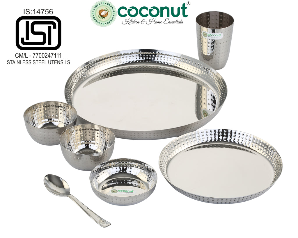 Coconut Bindi Stainless Steel Dinner | Premium Food Grade Stainless Steel | Hammered Bindi Design | Mirror Finish | Dishwasher Safe | Rust Proof | Ideal for Daily Use & Gifting.