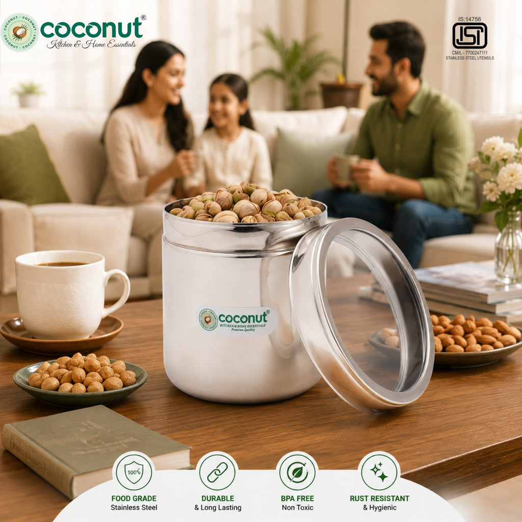 Coconut C-Thru Mini Stainless Steel Storage Container 600ml with Transparent Acrylic Window Lid | Food Grade SS | BPA Free | Rust Resistant | Mirror Finish Kitchen Storage Jar for Dry Fruits, Snacks, Tea, Coffee, Sugar & Masala.