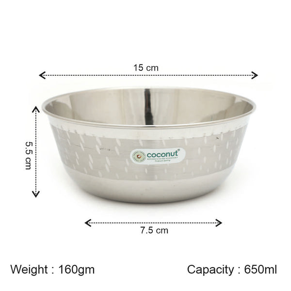Coconut Stainless Steel Wonder Bowl | Heavy Gauge Mixing & Serving Bowl | Available in 650ml, 900ml, 1200ml, 1600ml & 2250ml Capacities | Food Grade, BPA Free & Rust Proof | Ideal for Dough Mixing, Salad, Soup, Dal & Desserts | Model C33.