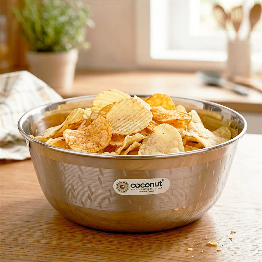 Coconut Stainless Steel Wonder Bowl | Heavy Gauge Mixing & Serving Bowl | Available in 650ml, 900ml, 1200ml, 1600ml & 2250ml Capacities | Food Grade, BPA Free & Rust Proof | Ideal for Dough Mixing, Salad, Soup, Dal & Desserts | Model C33.