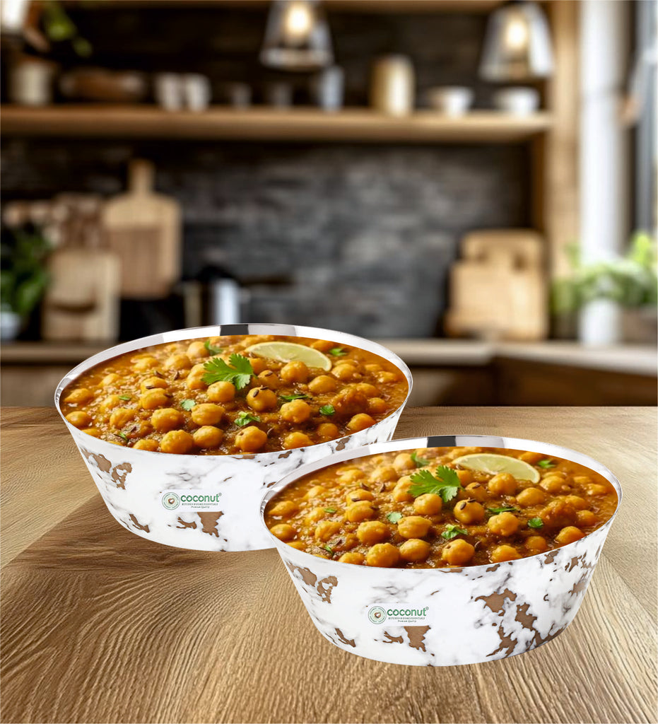 Coconut Stainless Steel Multipurpose Bowl | Marble Look | 900 ml | Heavy-Gauge, Food-Grade Steel | Ideal for Mixing Atta, Serving Milk, Curry, Salad, Snacks & Everyday Kitchen Essentials.