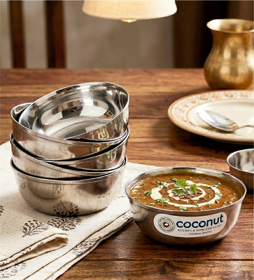 Coconut C9 Mukta Vati Set of 6 | Stainless Steel Serving Bowls (100ml, 150ml, 200ml, 250ml, 300ml) | Mirror Finish, Rust-Proof, Food Grade Katori Set for Kitchen & Dining.