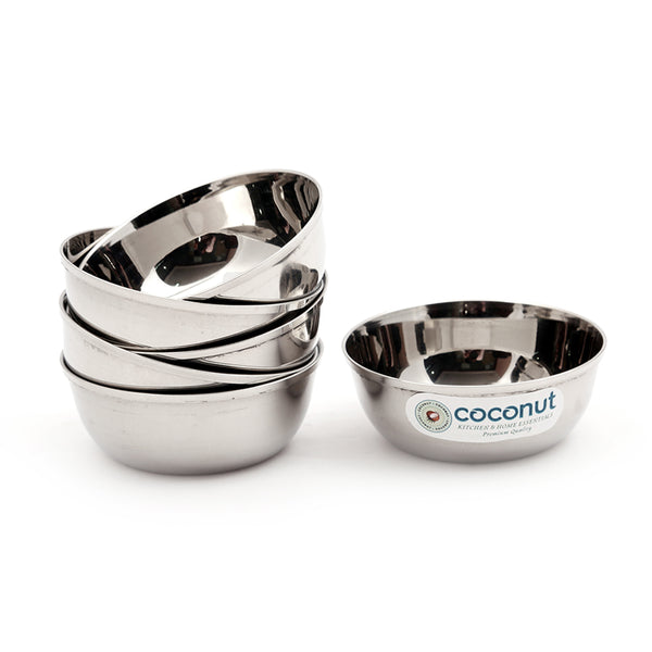 Coconut C9 Mukta Vati Set of 6 | Stainless Steel Serving Bowls (100ml, 150ml, 200ml, 250ml, 300ml) | Mirror Finish, Rust-Proof, Food Grade Katori Set for Kitchen & Dining.