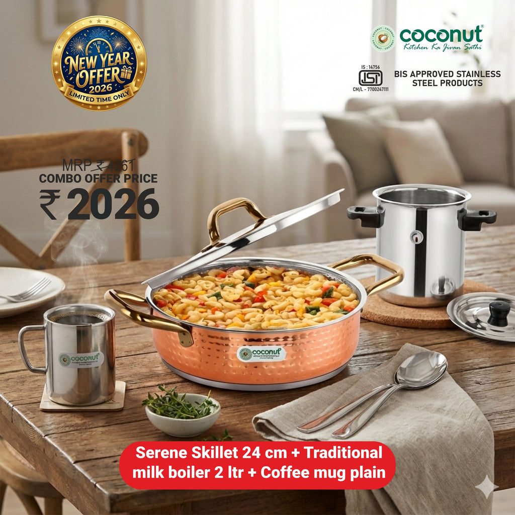 Coconut Stainless Steel Capsulated Hammered Skillet (Copper Finish) + 2 Ltr Traditional Milk Boiler + Plain Coffee Mug Combo | Heavy Gauge Food-Grade Cookware Set | Ideal for Home & Gifting - Combo 2026