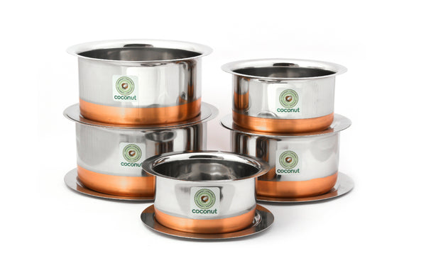 Coconut 5-Piece Stainless Steel Copper Bottom Patila/Tope Set with Lids – (900ml, 1200ml, 1500ml, 2000ml, 2500ml) – Energy Efficient & Even Heating Milk Boiler Vessel- Combo 2026