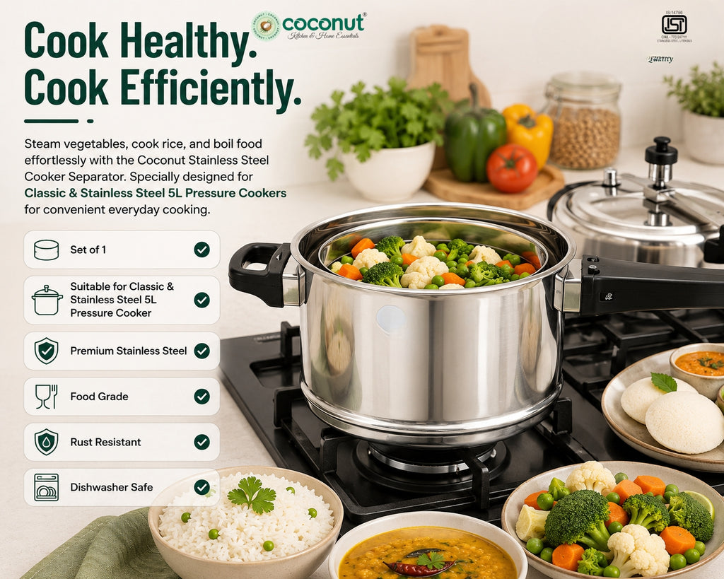 Coconut CS Combo 10 Stainless Steel Cooker Separator for Hawkins Classic & Stainless Steel 5 Ltr Pressure Cooker | Food Grade Steaming Separator | Rust Proof | Dishwasher Safe | Compatible with 5L Hawkins Cookers.