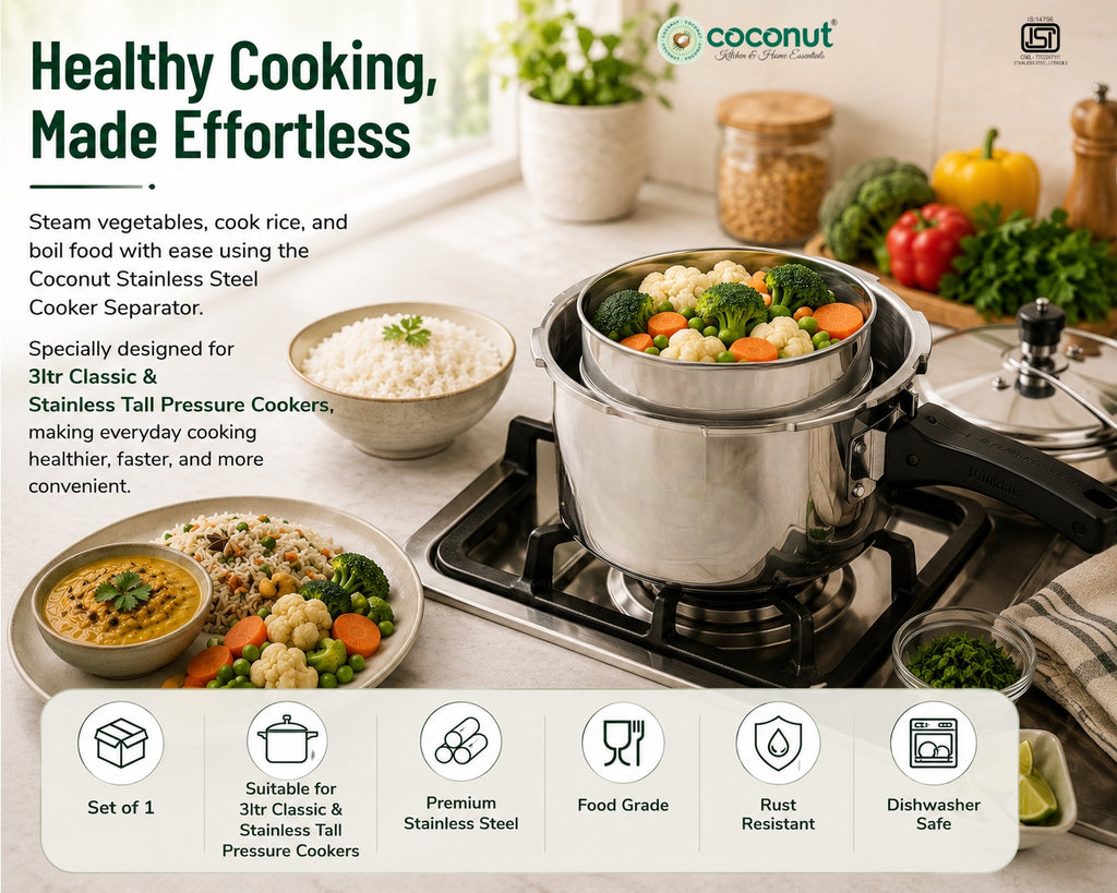 Coconut CS Combo 8 Stainless Steel Cooker Separator Set for Hawkins 3 Ltr Classic & Stainless Tall Pressure Cookers | 2-Piece Steaming & Cooking Separator | Food Grade | Rust Proof | Dishwasher Safe | Not for 3L Classic Low Height.