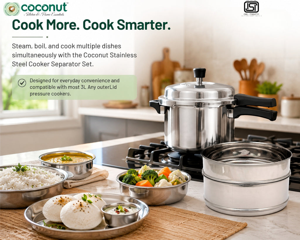 Coconut Stainless Steel Cooker Separator Combo Set for Prestige Popular 3 Ltr Outer Lid Pressure Cooker | 2-Tier Steamer Containers | Food Grade, Rust Proof, Dishwasher Safe | Steam Rice, Vegetables & Snacks.
