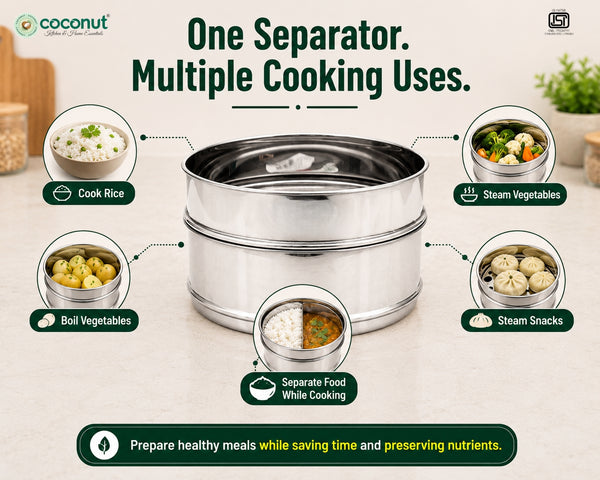 Coconut CS Combo 10 Stainless Steel Cooker Separator for Hawkins Classic & Stainless Steel 5 Ltr Pressure Cooker | Food Grade Steaming Separator | Rust Proof | Dishwasher Safe | Compatible with 5L Hawkins Cookers.