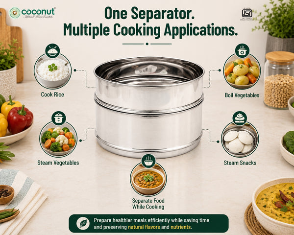 Coconut Stainless Steel Cooker Separator Combo Set of 2 | Suitable for Hawkins Futura 7L & 9L Pressure Cooker | Food Grade | Rust Proof | Dishwasher Safe | Heavy Gauge Multipurpose Steaming Bowl for Rice, Vegetables & Snacks.
