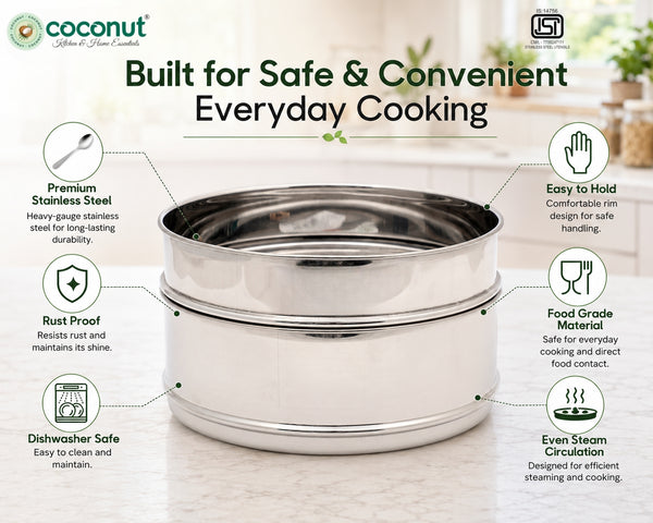 Coconut Stainless Steel Cooker Separator Combo Set for Prestige Popular 3 Ltr Outer Lid Pressure Cooker | 2-Tier Steamer Containers | Food Grade, Rust Proof, Dishwasher Safe | Steam Rice, Vegetables & Snacks.
