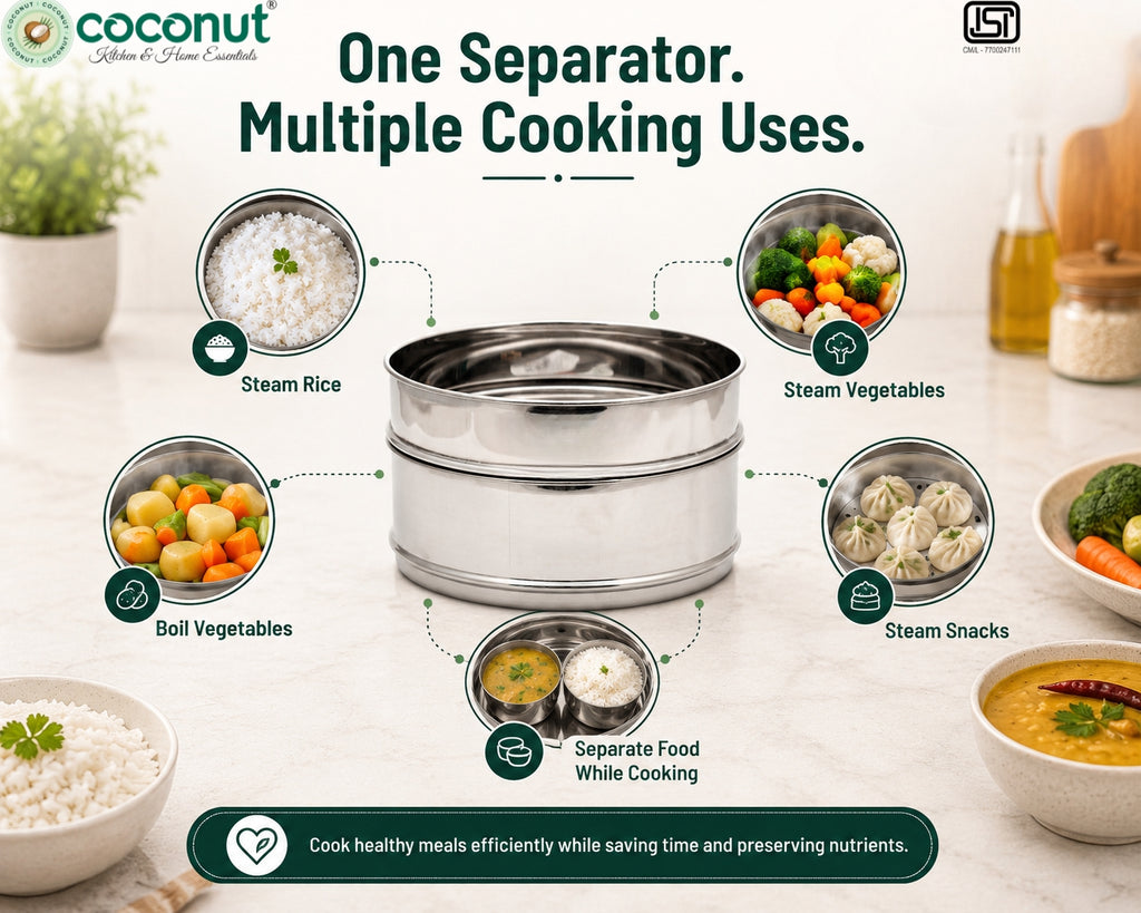 Coconut Stainless Steel Cooker Separator Combo Set for Prestige Popular 5 Litre Outer Lid Pressure Cooker | 2-Tier Steamer Containers | Food Grade, Rust Proof, Dishwasher Safe | Steam Rice, Vegetables, & Snacks.
