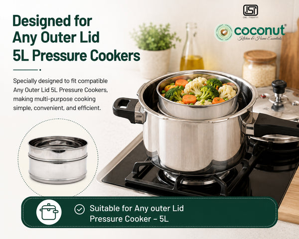 Coconut Stainless Steel Cooker Separator Combo Set for Prestige Popular 5 Litre Outer Lid Pressure Cooker | 2-Tier Steamer Containers | Food Grade, Rust Proof, Dishwasher Safe | Steam Rice, Vegetables, & Snacks.