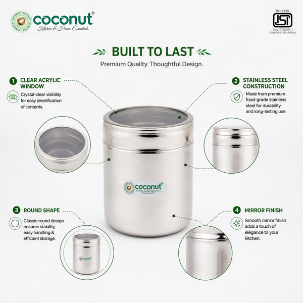 Coconut C-Thru Mini Stainless Steel Storage Container 600ml with Transparent Acrylic Window Lid | Food Grade SS | BPA Free | Rust Resistant | Mirror Finish Kitchen Storage Jar for Dry Fruits, Snacks, Tea, Coffee, Sugar & Masala.