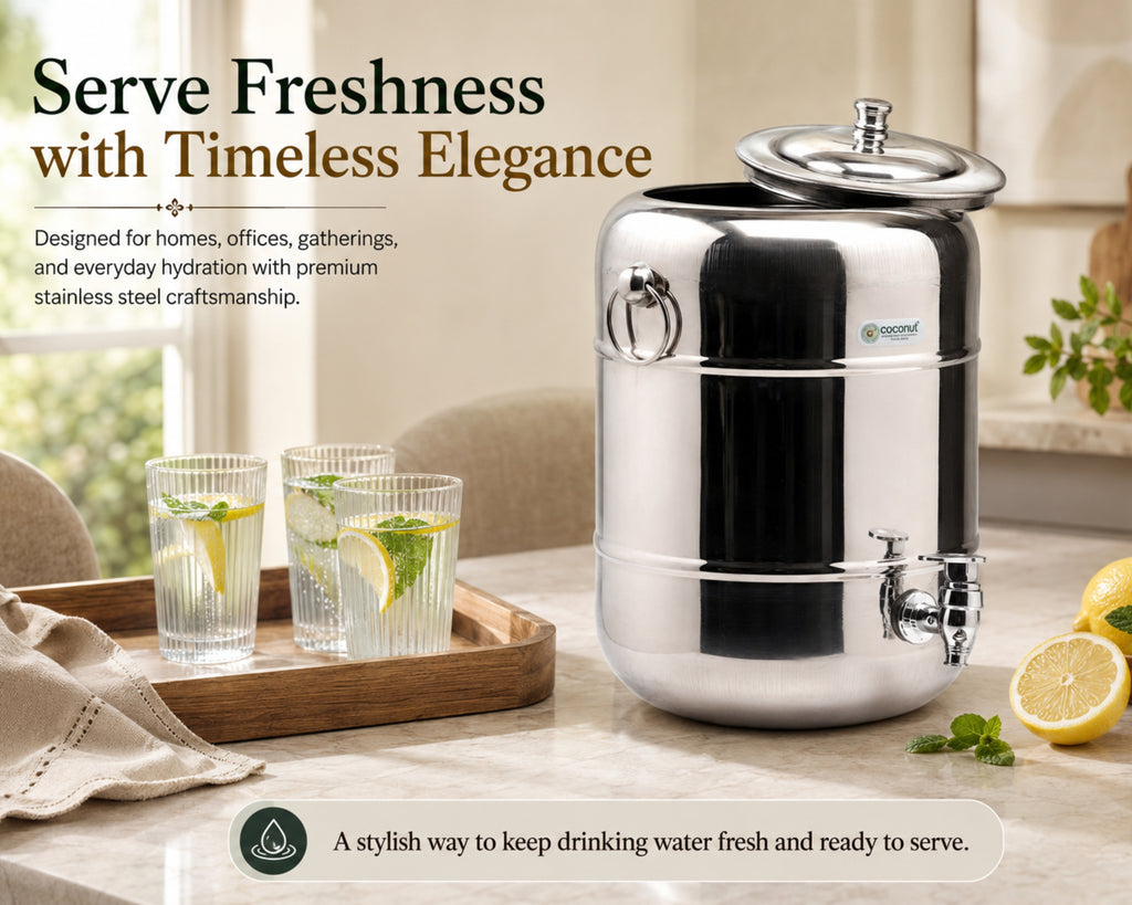 COCONUT Stainless Steel Capsule Water Pot | Premium Mirror Finish Countertop Water Dispenser Tank with Tap | Heavy-Gauge Food Grade Water Storage Container with Side Handles
