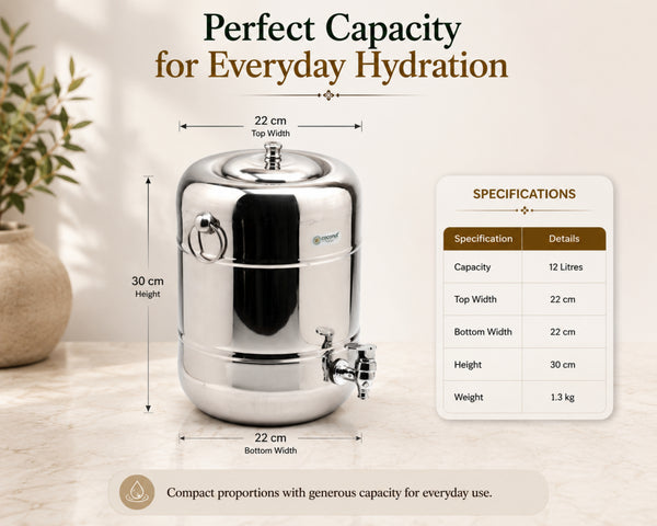 COCONUT Stainless Steel Capsule Water Pot | Premium Mirror Finish Countertop Water Dispenser Tank with Tap | Heavy-Gauge Food Grade Water Storage Container with Side Handles