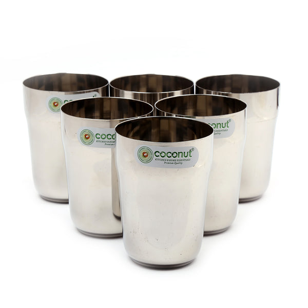Coconut Stainless Steel - Water Glass Set of 6 | Capacity 270ml each | Heavy Gauge | Durable | Food Grade | BPA Free | Glasses For Serving Water, Juice, Beverages, Lemonade | Model - B30 Eros