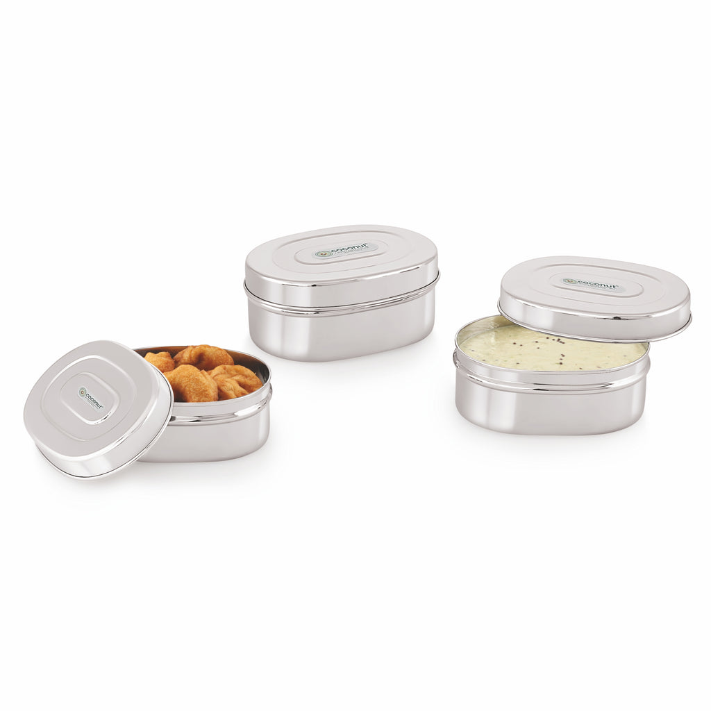 Coconut Stainless Steel Oval Lunch Box Set of 3 (Multi Sizes) with Inner Lid | Food Grade Steel Tiffin Boxes | Leak-Resistant, Rust-Proof Mirror Finish Storage Containers for Office, School & Travel | 200ml, 300ml, 400ml.