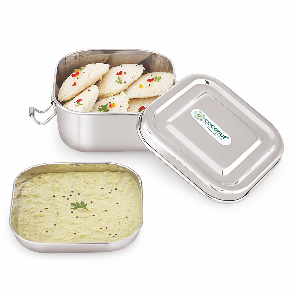 Coconut Stainless Steel Square Lunch Box with Partition Plate & Lock Clips | Food Grade Steel Tiffin Box | Leak-Resistant, BPA-Free & Rust-Proof | Mirror Finish Lunch Box for Office, School & Travel.