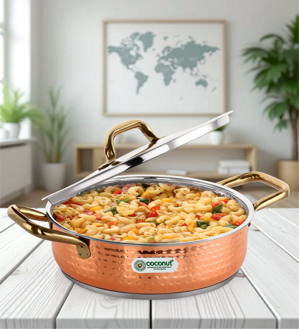 Coconut Stainless Steel Hammered Skillet with Copper Finish + 2 Ltr Traditional Milk Boiler + Plain Coffee Mug | Food-Grade Steel, Heavy Gauge & Durable | Multipurpose Cookware & Serveware Combo | Ideal for Home & Gifting