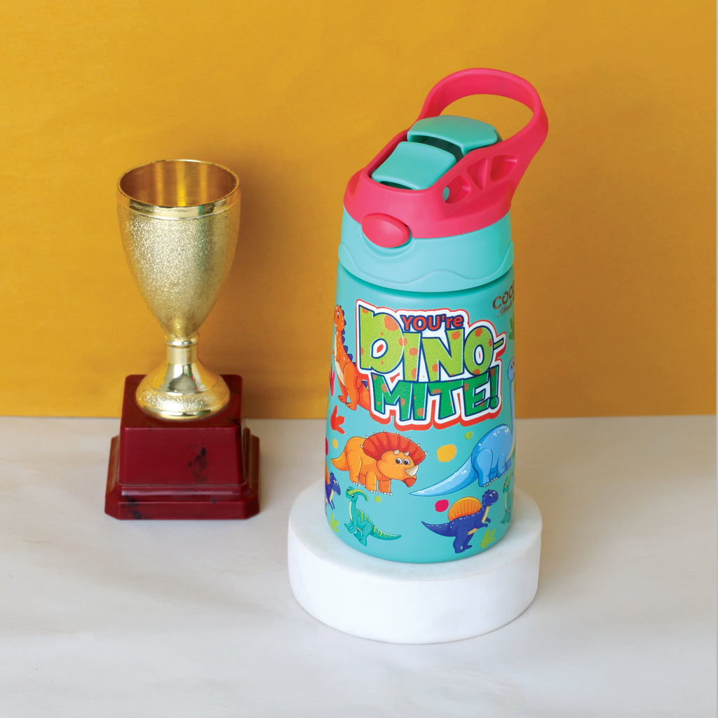 Coconut WB30 HC Kids Spout 350ml Stainless Steel Water Bottle | Leakproof Flip Top with Straw | BPA-Free, Durable Kids Bottle with Carry Handle | Cute Dino Design for School.