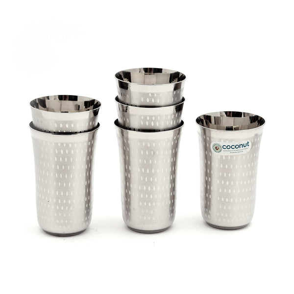 Coconut A4 Shower Stainless Steel Water Glass 300ml | Steel Drinking Glass Set | Water Tumbler Set | Juice Glass | Milk Glass | Heavy Gauge Food Grade BPA Free Stainless-Steel Glasses | Mirror Finish | Rust Resistant Beverage Serving Tumbler.
