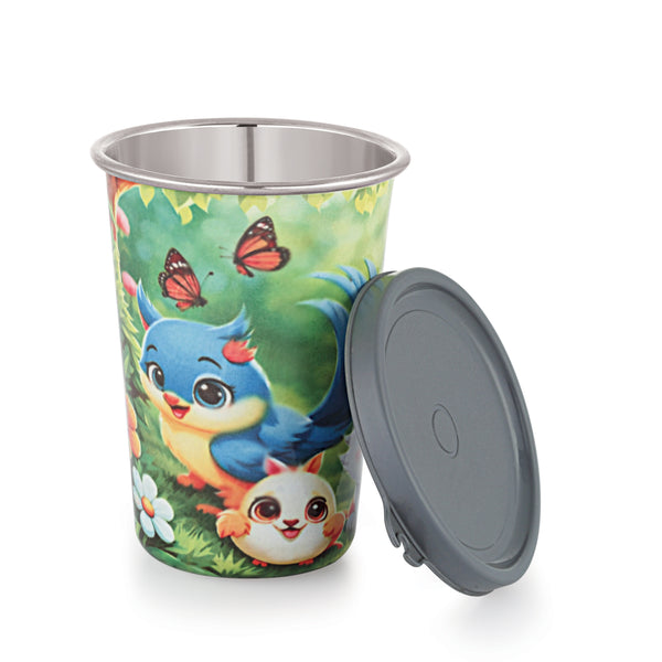 Coconut JK Stainless Steel Juice Glass with Lid | Kids Printed Drinking Glass | Food Grade Steel Inner | BPA Free Lid | Leak Resistant, Lightweight Tumbler for School, Home & Travel.
