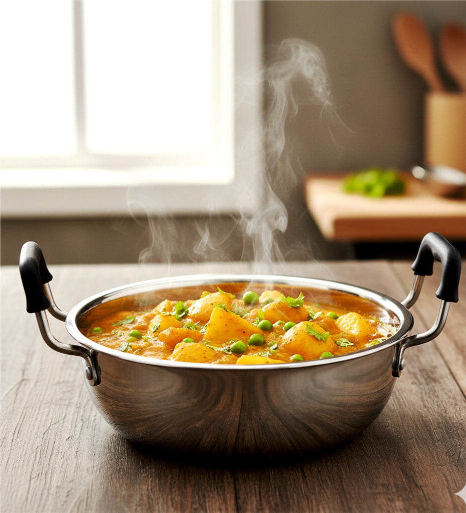 Coconut Stainless Steel Cofi Kadai | Heavy-Gauge Deep Frypan with Dual Soft-Touch  Silicone Handles | Mirror Finish | Induction & Gas Compatible | Ideal for Frying, Cooking & Daily Us.