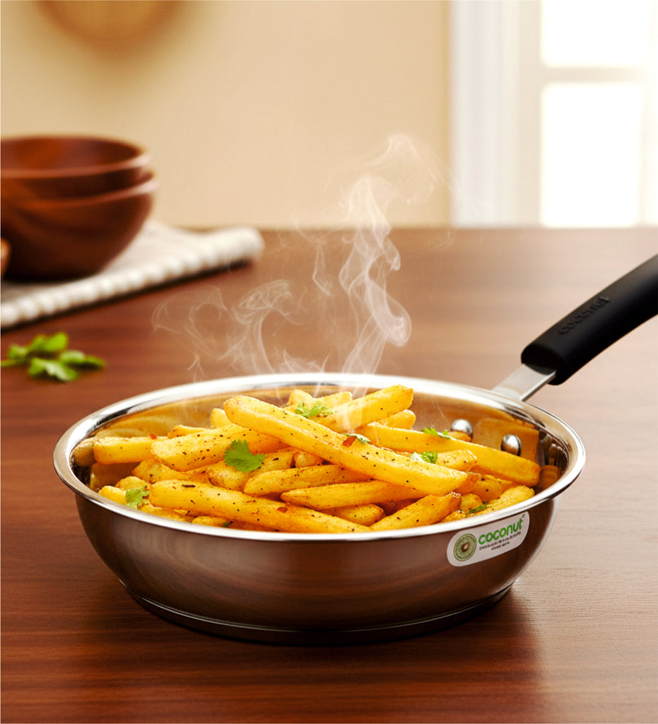 Coconut Stainless Steel Cofi Capsulated Frypan | Heavy-Gauge Deep Fry Pan with Soft-Touch Silicone Handle | Mirror Finish | Induction & Gas Stove Compatible | Ideal for Shallow Frying, & Daily Cooking.