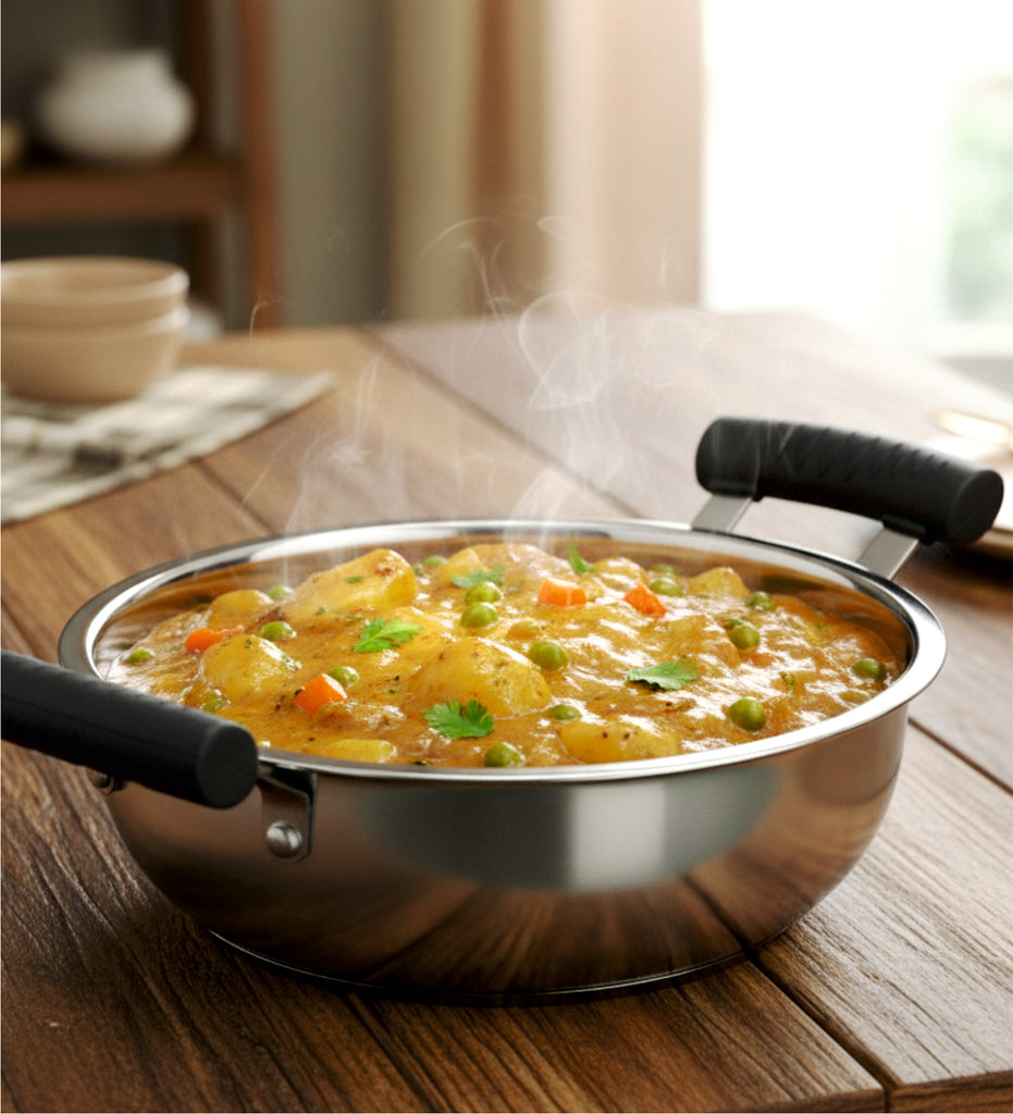 Coconut Stainless Steel Cofi Capsulated Kadai | Heavy-Gauge Deep Frypan with Dual Soft-Touch Silicone Handles | Mirror Finish | Induction & Gas Compatible | Ideal for Frying, Cooking & Daily Use