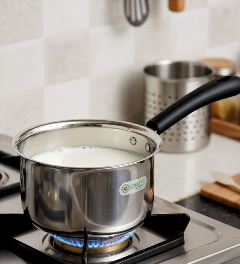 Coconut Stainless Steel Cofi Saucepan with Soft-Touch Silicone Handle - Heavy Gauge, Mirror Finish, Multipurpose - Milk Pan, Coffee Pan, Tea pan, Plain Saucepan, Induction Based Pan.