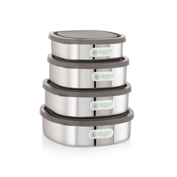 Coconut Stainless Steel Leak-Proof Lunch Box Set of 4 (Multi Sizes) | Airtight Food Storage Containers with BPA-Free Silicone Lid | Food Grade Steel Tiffin for Office, School & Travel | 350ml, 450ml, 550ml, 650ml.