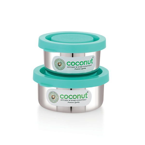Coconut S113 Stainless Steel Round Chutney Container Set of 2 (20ml & 30ml) | Leakproof Mini Storage Boxes with Lid | Food Grade, Rust-Proof Small Sauce & Pickle Containers.