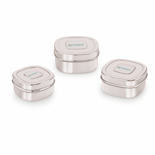 Coconut S126 Tony Stainless Steel Lunch Box Set (3 Pieces – 150ml, 250ml & 350ml) | Square Compact Tiffin Boxes with Lid | Food Grade, Leak-Resistant & Durable Storage Containers.