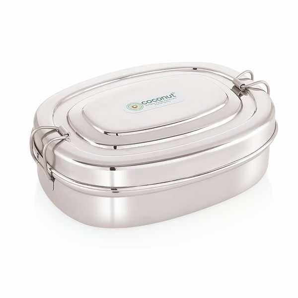 Coconut Stainless Steel Flash Lunch Box with Inner Plate | Oval Shape Tiffin Box | Heavy Gauge Food Grade Steel | Leak-Resistant, BPA-Free & Rust-Proof Mirror Finish Lunch Box for Office & School.