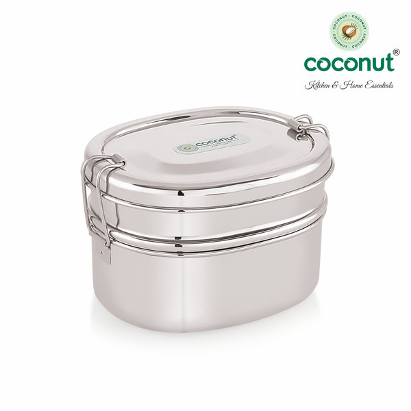 Coconut Stainless Steel Pecan Double Decker Lunch Box with Inner Plate | 2 Tier Leak-Resistant Tiffin Box | Food Grade, BPA-Free, Durable & Eco-Friendly Lunch Box for Office, School & Travel