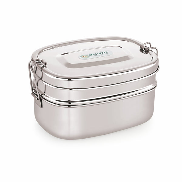 Coconut Stainless Steel Double Decker Lunch Box with Inner Plate | 2 Tier Leak-Resistant Tiffin Box | Food Grade, BPA-Free, Durable & Eco-Friendly Lunch Box for Office, School & Travel.